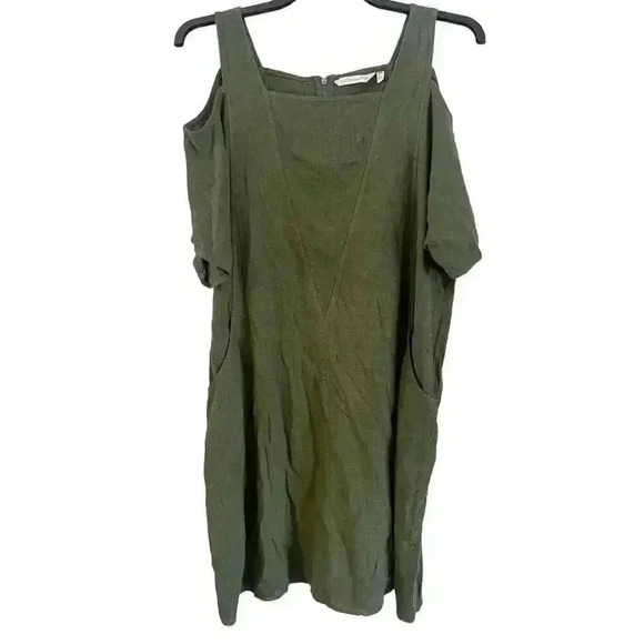 Soft Surroundings Linen Blend Dress Green Cold Shoulder PM Back Zipper - Picture 1 of 6